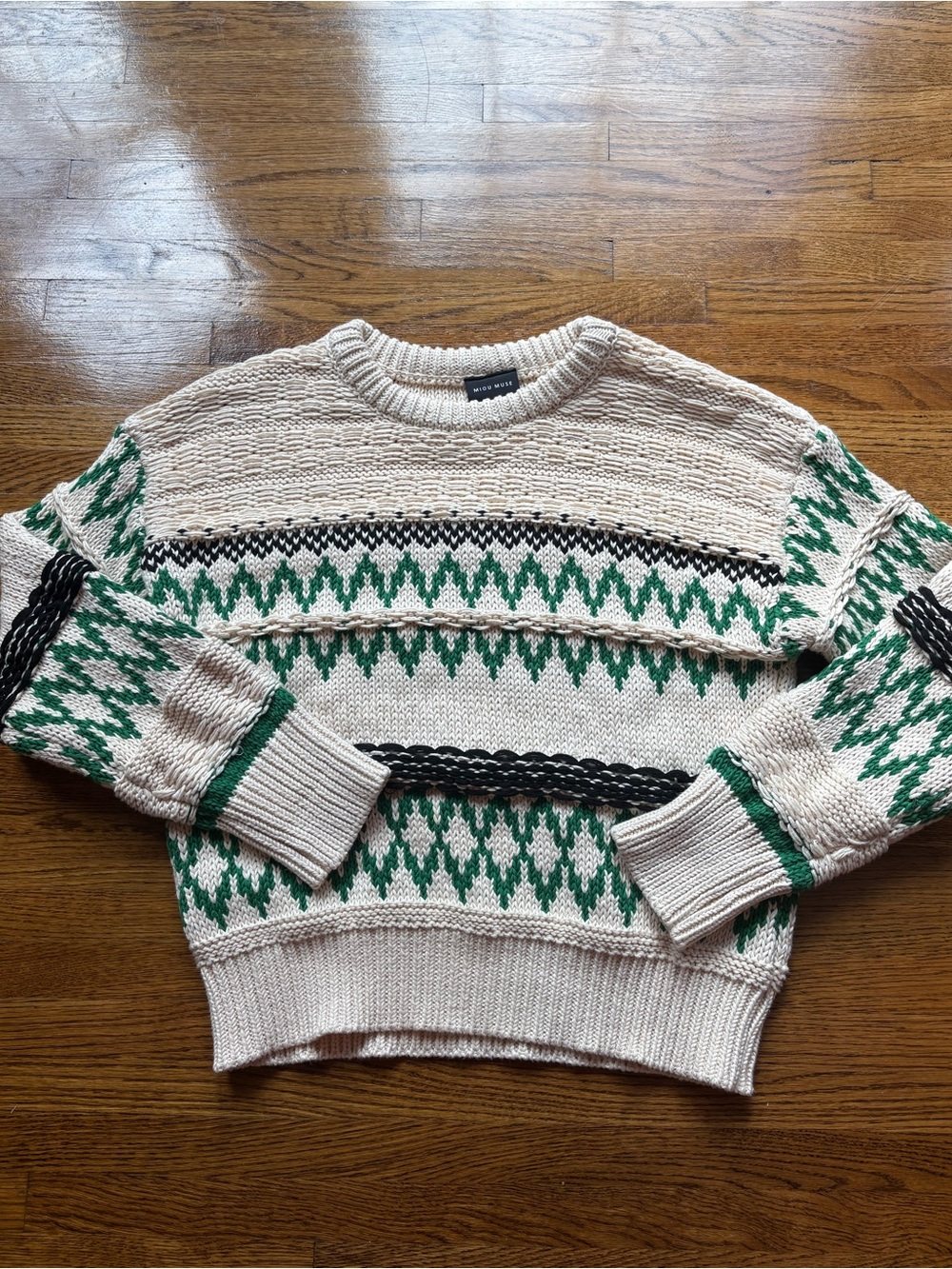 Miou Muse Crewneck Sweater in Beige with Green Pattern